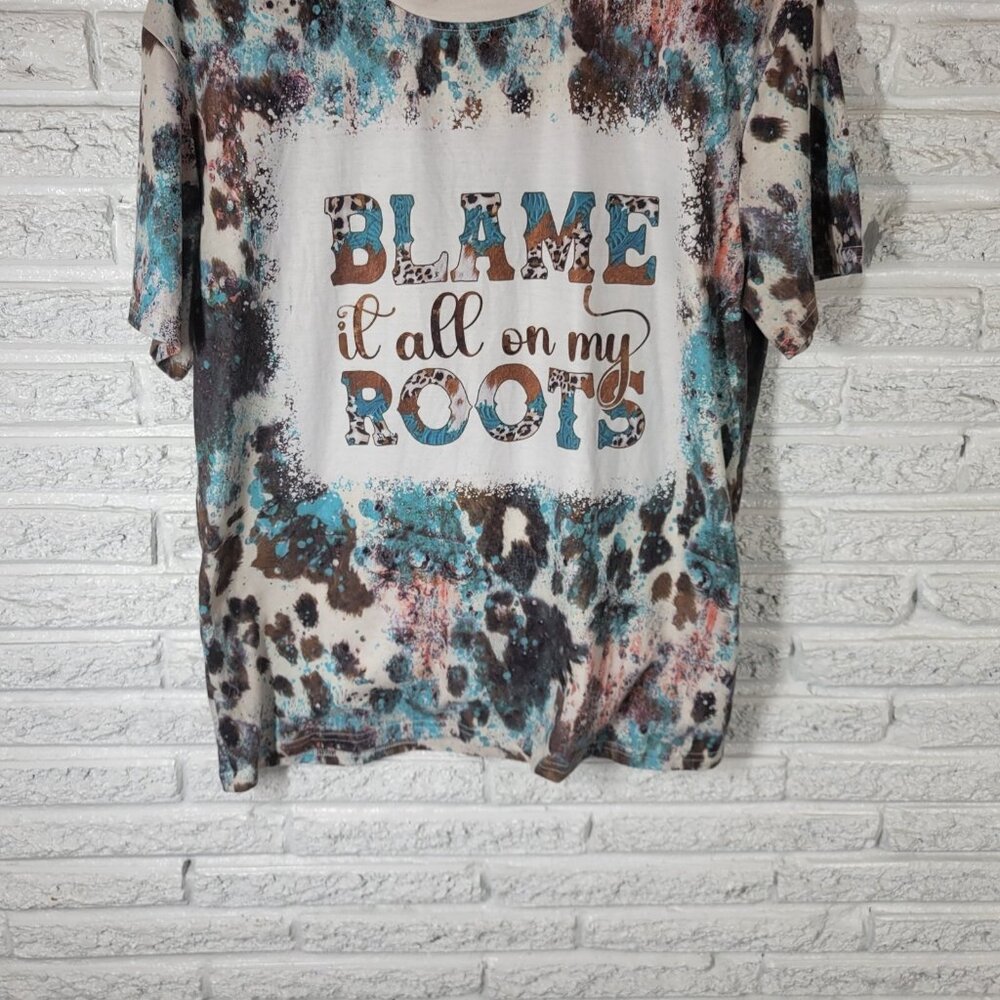 Womens Top XL Tee Cowgirl Blame It All on My Roots Poly Blend Blue Brown NOV239E - Picture 4 of 8